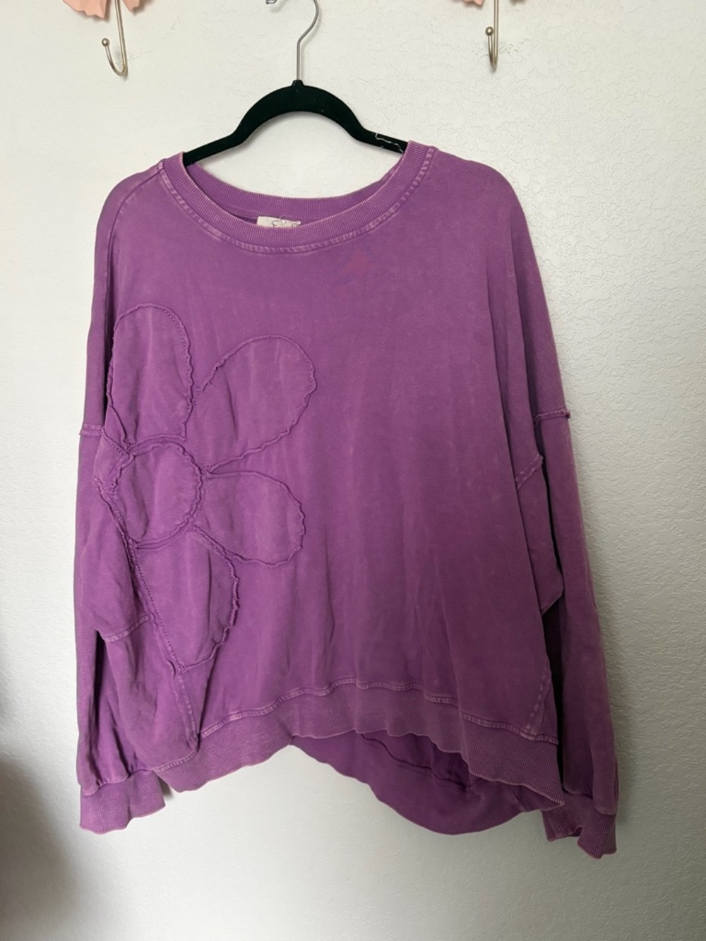 easel Washed Purple Floral Appliqué Pullover Sweatshirt
